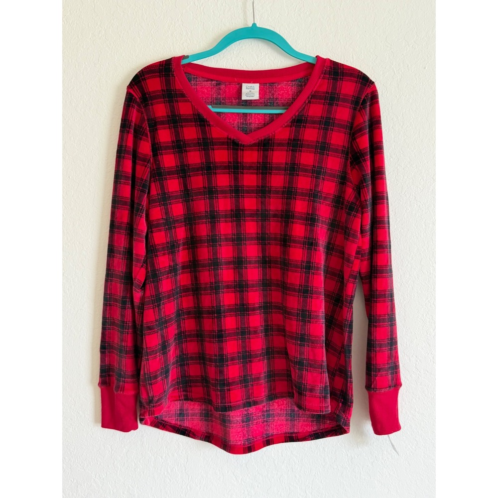 Croft & Barrow Womens Red Black Plaid V-Neck Pajama Top Fleece Sleep Shirt M NEW